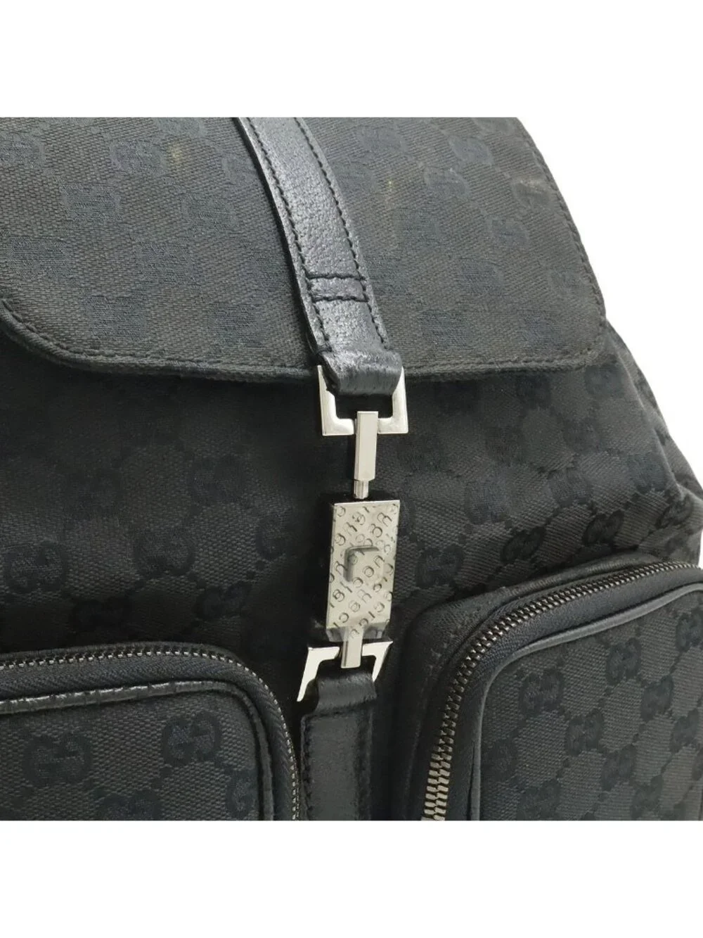 Gucci GG Canvas Jackie Line Backpack Leather Black Silver
